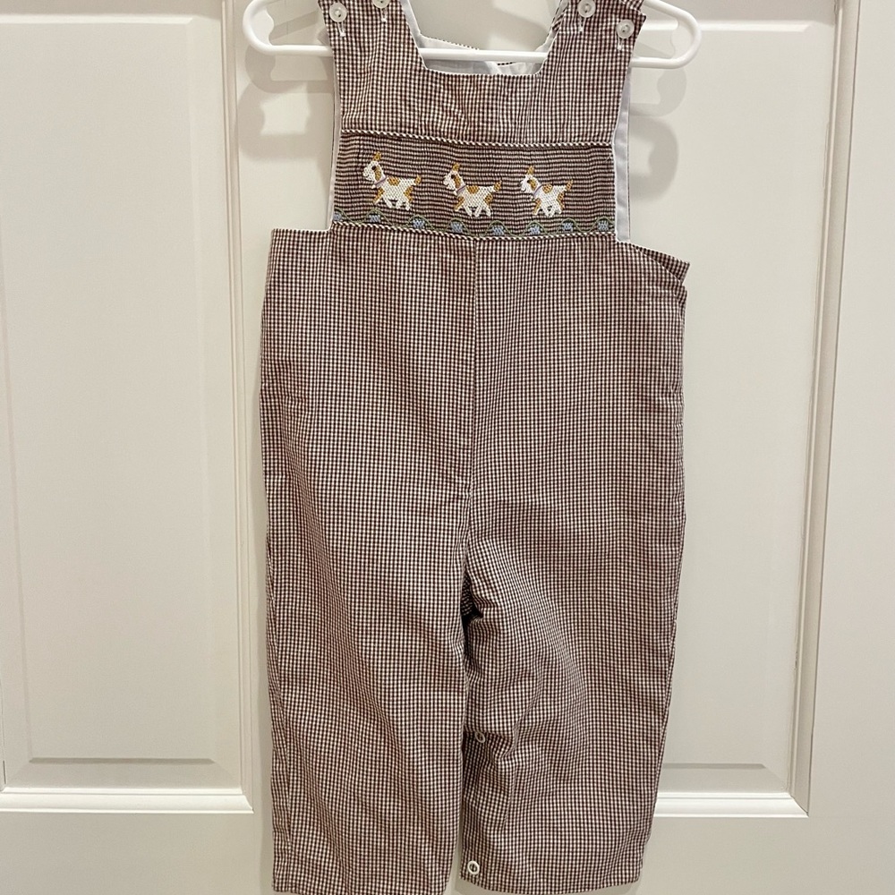 Brown Check Smocked Puppy Longall, size 12 Mos